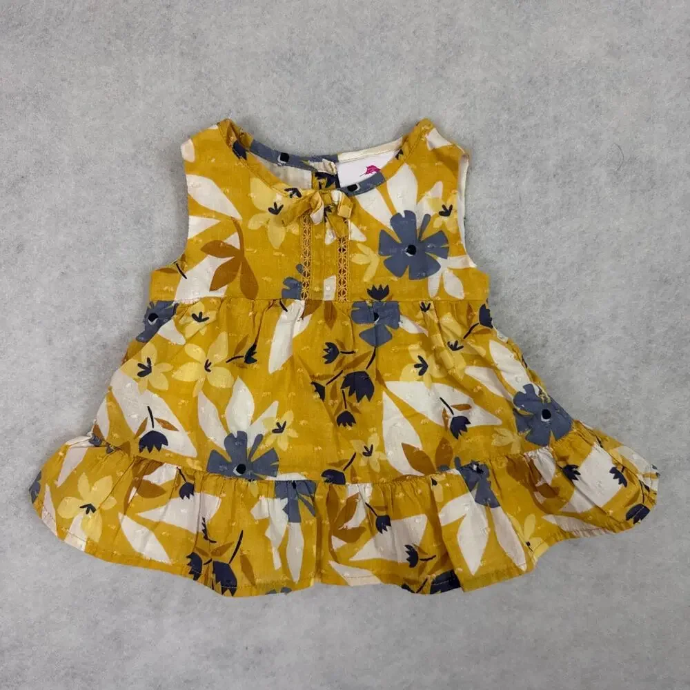 Tommy Bahama Baby Dress Girls 3 - 6 Month Sleeveless Yellow Blue Floral Ruffle
